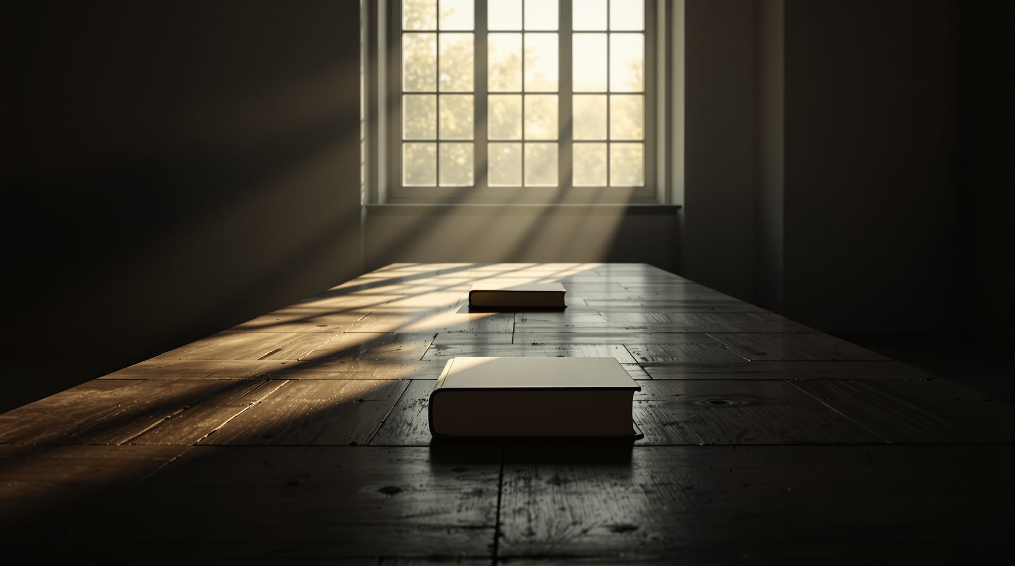 A long empty reading table lit by morning sun from a tall window, with a single closed book resting on it